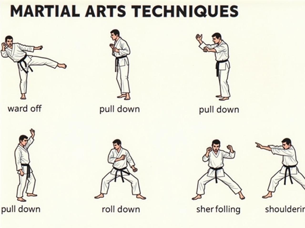 This image presents a chart related to martial arts techniques. It features various movements alongside their names in Chinese, Spanish, and English. Each technique is illustrated with a figure demonstrating the action. The techniques include terms like 'ward off,' 'pull down,' 'roll back,' and 'shouldering.' The chart serves as a visual reference for practitioners to learn different martial arts postures and applications.