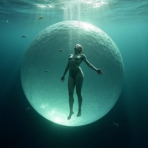 Plato's spherical humans depicted underwater. Abstract woman and man within a hollow ball. Bodies transforming from human to ball shape.