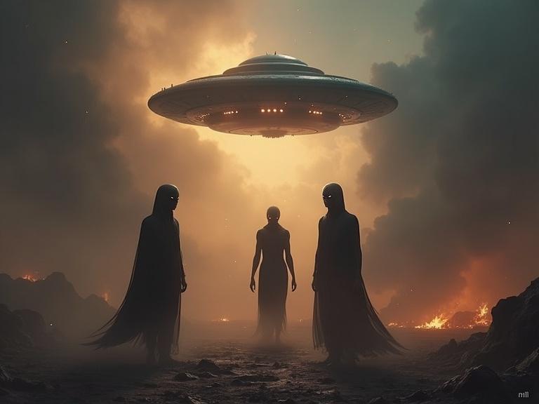 People appear confused in a hellish landscape. Black spirits hover above heads. A saucer-shaped UFO is visible in the air. An alien ground station is present. Two aliens with black eyes walk in the scene.