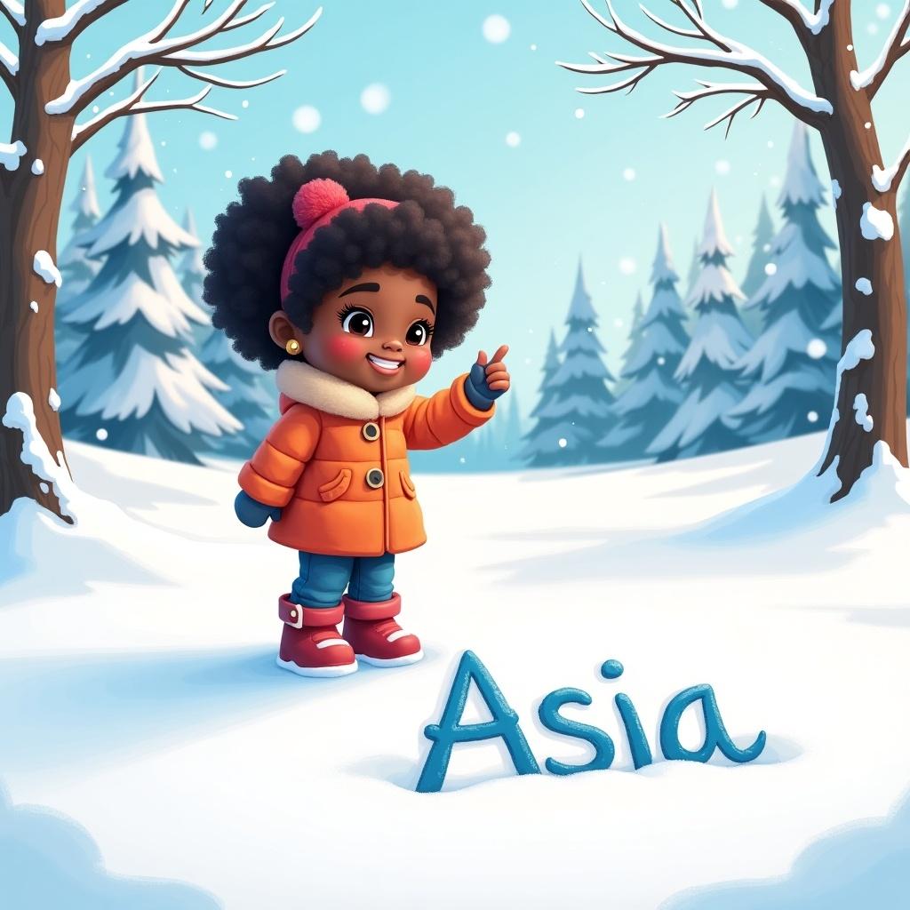 Cartoon girl stands in snowy landscape. She is smiling and giving a thumbs up. Her name Asia is written in the snow. The background has pine trees and snowflakes falling.