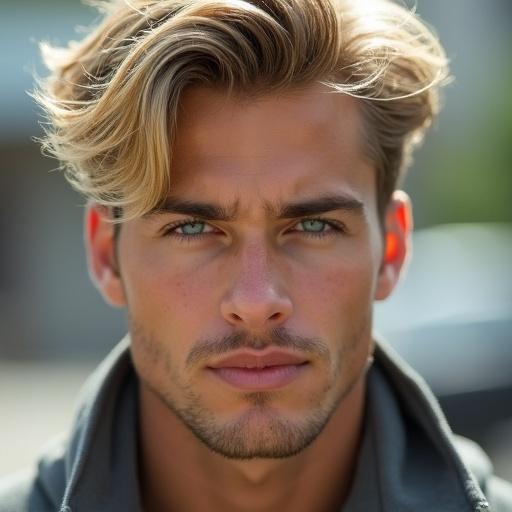 A professional close-up portrait of a handsome young man. He has tousled blonde hair, tan skin, and bright blue eyes. He exhibits a subtle smile and has high cheekbones, a straight nose, and stubble. The background is softly blurred, and the focus is on his face with natural lighting.