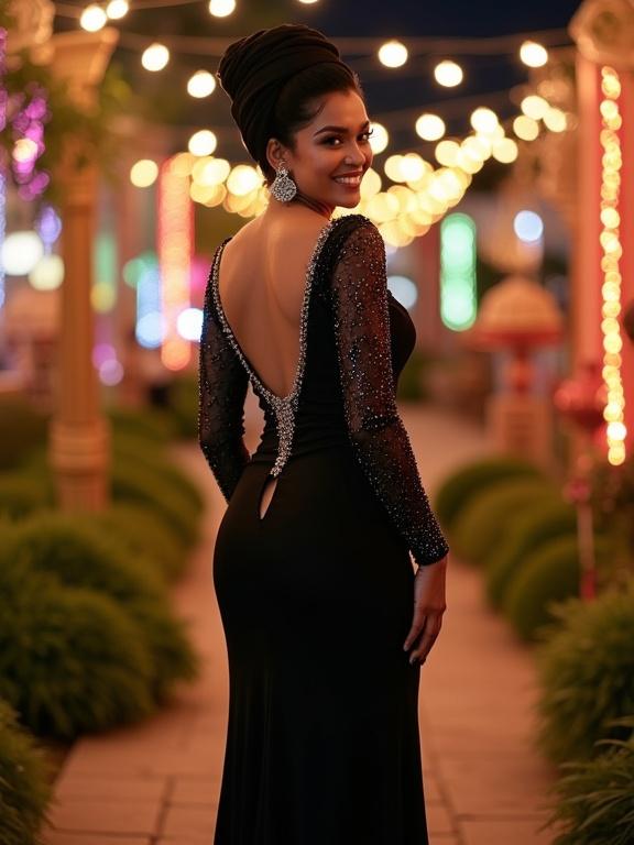 Full body portrait of a glamorous woman in a black dress with a back slit. She looks over her shoulder while smiling. The dress has bead details. Her hair is styled in an updo covered with a black scarf. The background features colorful lights and decorative elements. The setting is outdoor and festive. She stands confidently, one leg forward.