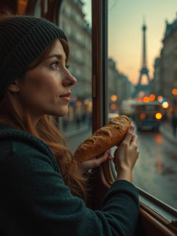 Thoughtful woman gazing out of tram window while holding a baguette. The Eiffel Tower silhouette appears in the background at dusk. Warm muted colors create a dreamy, melancholic atmosphere. Subtle hints of Parisian culture intermingle with a small Russian town.