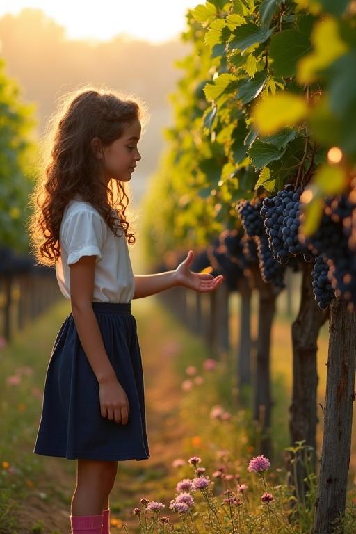 A girl stands in a vineyard in the evening. She checks the grapes. Vines are full of leaves and grapes. The path is narrow with flowering plants. An old winery is blurred in the background. Shot taken during golden hour.