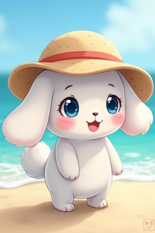 Cinnamoroll is a cute white puppy with long floppy ears. He has big blue eyes and rosy cheeks. Stands on sandy beach with gentle waves in the background. Wearing a straw sunhat. Ears ruffle in the breeze. Looks out at the ocean. Enjoys peaceful seaside atmosphere.