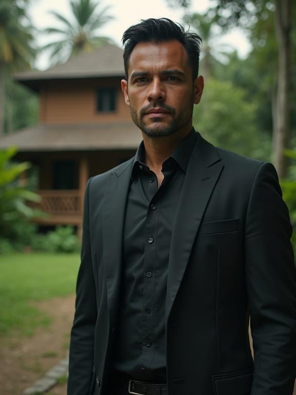 A handsome Latino man is standing beside a plantation house in the jungle. He is wearing a dark suit and a dark shirt. The scene is realistic and captures a full body shot.