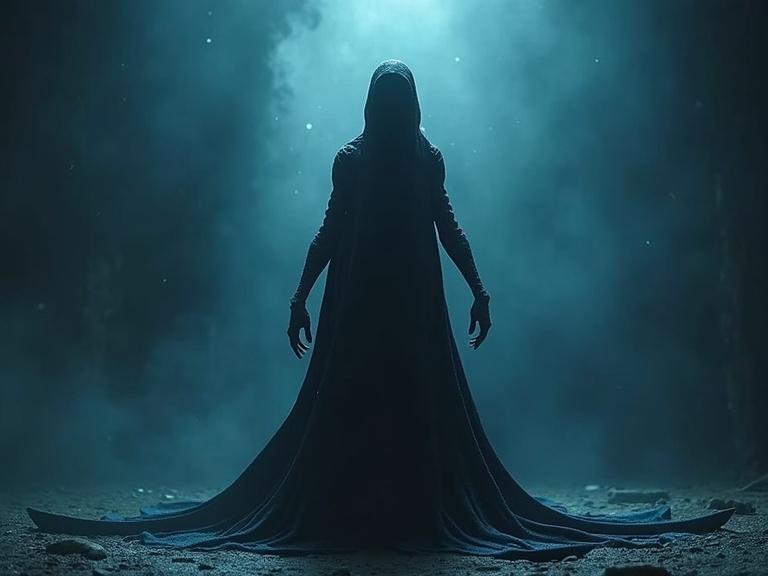 A dark, mystical figure stands in a dramatic pose. The background is filled with cinematic lighting effects. The figure's elongated cloak and silhouette create a sense of mystery and power.