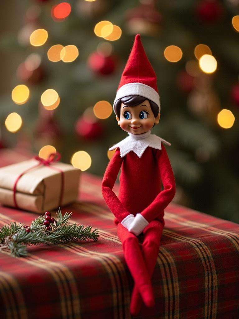 A Christmas Eve morning scene showing a playful elf doll sitting on a table. The backdrop features a decorated Christmas tree with lights and ornaments. Presents are neatly arranged beside the elf. The atmosphere is warm and festive, evoking excitement and joy for the holiday season.