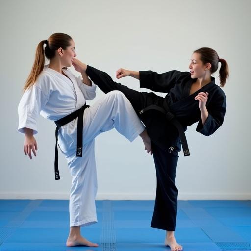 Dynamic martial arts training session in a dojo. Two female students sparring. One student executes a powerful high kick. She wears a black martial arts gi with a black belt. Her facial expression is intense. Hair is tied back. The other student wears a white gi. She is positioned to receive the kick, slightly bent forward. The dojo has a blue mat and plain walls. Bright and even lighting illuminates the scene.