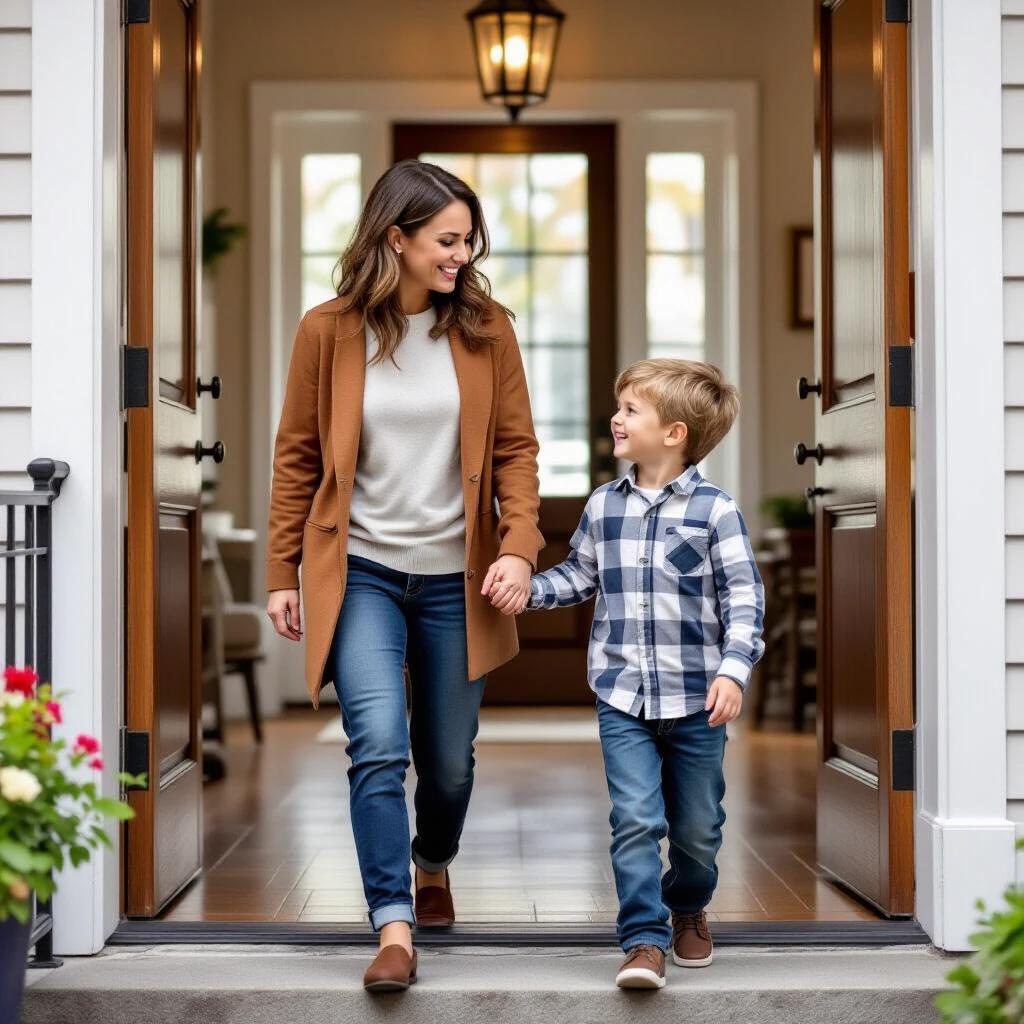 A mother and her young son walk together hand in hand into their house. They appear joyful and relaxed. The setting is a cozy home entrance in New York. The woman wears a stylish outfit and the child is dressed in a plaid shirt.