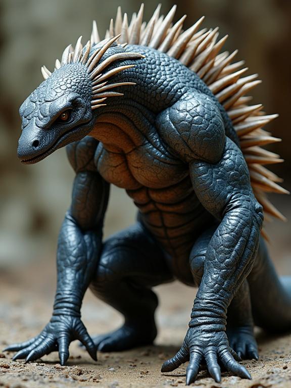 Image features a detailed muscular Echidna creature designed in fantasy style. The creature focuses on strength with visible textures and features. A reflective surface highlights the character's unique qualities. The action pose conveys motion and strength, showcasing the specimen in a mid-shot. Golden ratio composition enhances visual appeal. Masterpiece quality reflects attention to detail and artistry.
