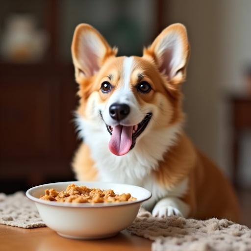 A smiling corgi sits in front of a bowl of dog food. The corgi has an eager expression, tongue out. Indoor setting with warm colors. Natural light enhances the corgi's playful demeanor.