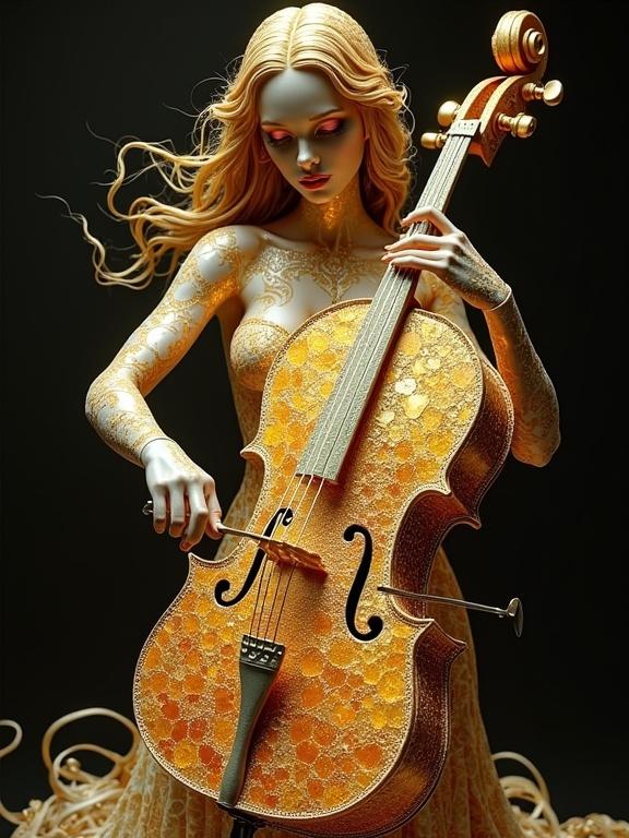 Surreal golden figure of a woman playing ornate cello. Body composed of intricate patterns resembling molten gold. Hair flows with golden curls. Skin shimmers and fragments into glowing particles. Cello is a glass-like masterpiece with gold inlay. Background is dark to highlight subject's glow.