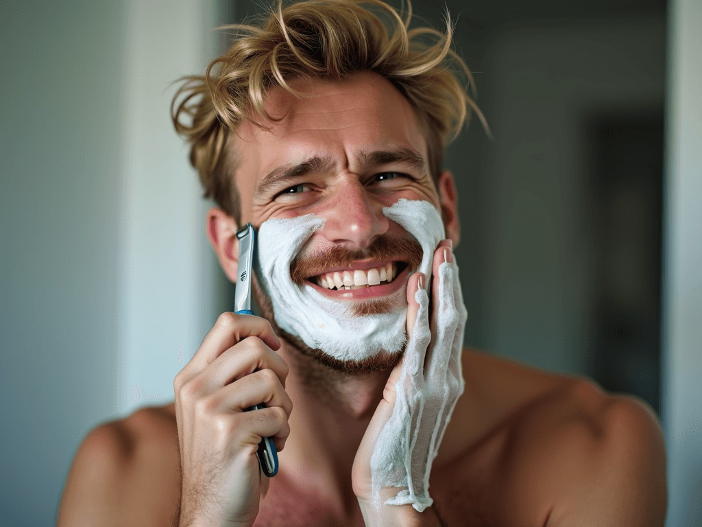 A man with a bright smile, smeared with shaving cream, holds a razor near his face, appearing joyful and playful.