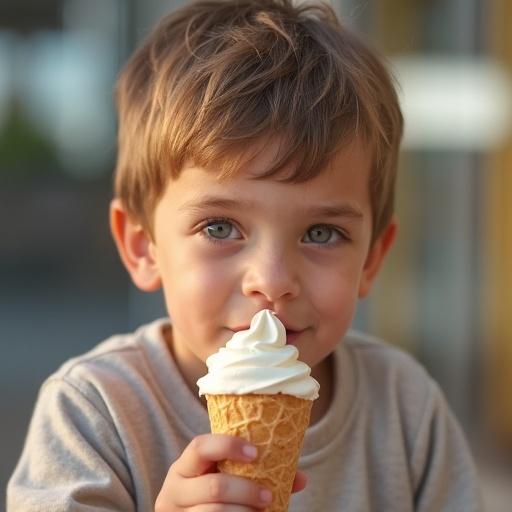Young boy enjoying ice cream outdoors. He holds a cone with a swirl of ice cream on top.