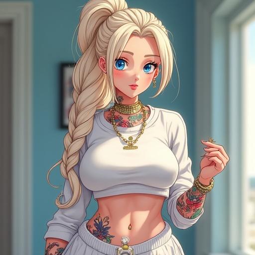 In a luxurious modern nursery a woman stands wearing a stylish Adidas outfit. She has a light blonde braided ponytail and colorful traditional tattoos on her arms. She bears a relaxed look. Natural light fills the room. The nursery features twin baby cribs. Bright colors and detailed fashion create an eye-catching scene.