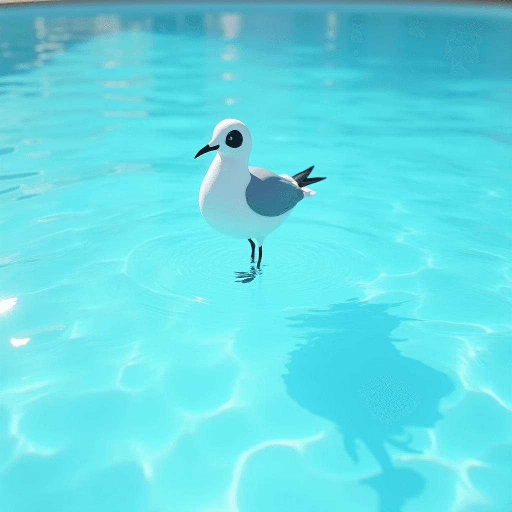 A seagull stands in a calm, blue swimming pool.