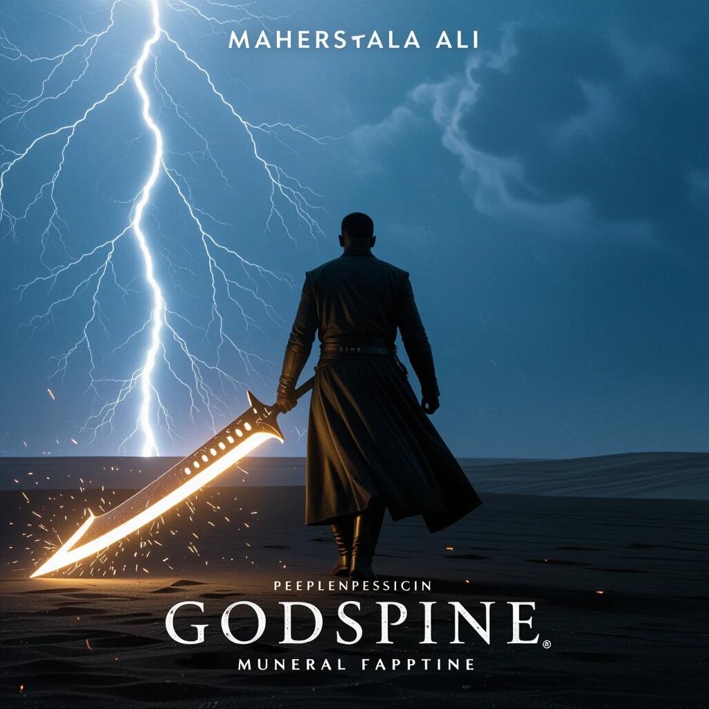 Mahershala Ali appeared in silhouette with a glowing spine-shaped blade. He walks across a black sand battlefield. Thunder cracks in the sky with swirling mythic clouds. The scene has a cinematic mythology vibe. Sparks trail from the blade's end.