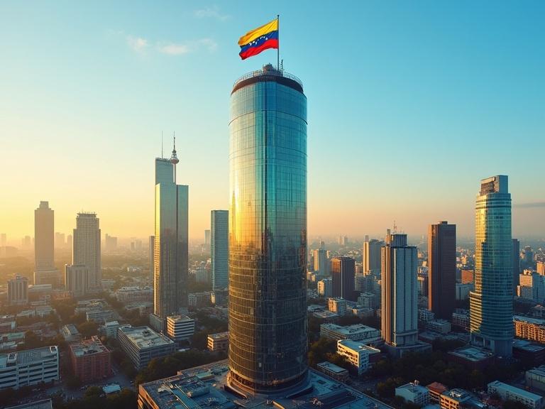 A modern glass tower in Caracas. It reflects warm sunlight with Venezuela's colors. The Venezuelan flag flies at the top. The sky is clear and blue. The scene shows the vibrant energy of the city. The style is cinematic with soft natural light.