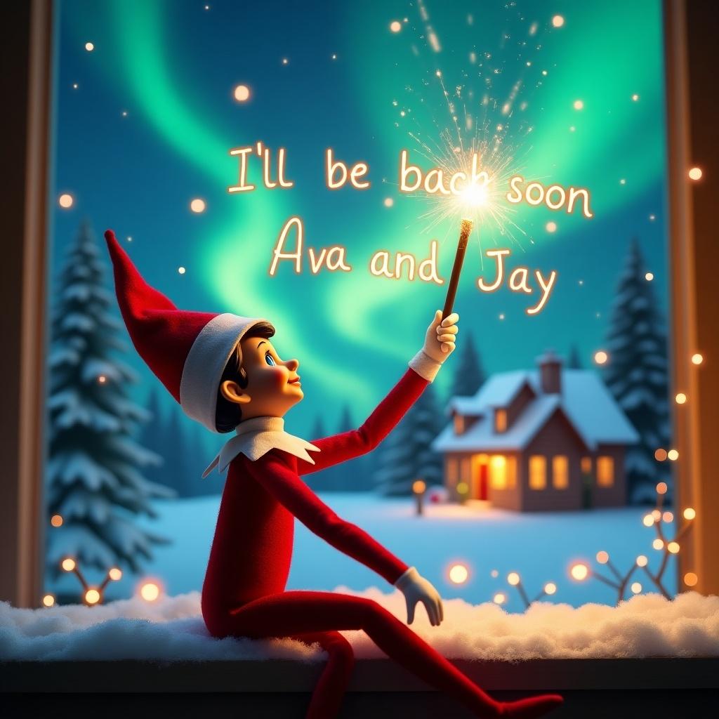 The image depicts an elf on the shelf with its back to the viewer, joyfully gazing upwards. It holds a glowing wand that emits sparkling lights. In the background, a beautiful Christmas scene features colorful northern lights swirling in the night sky. A cozy, decorated house is visible in the distance, surrounded by a blanket of snow. The elf's playful position captures the magic and wonder of the Christmas season. The phrase 'I'll be back soon Ava and Jay' is magically written in the air, enhancing the festive atmosphere.