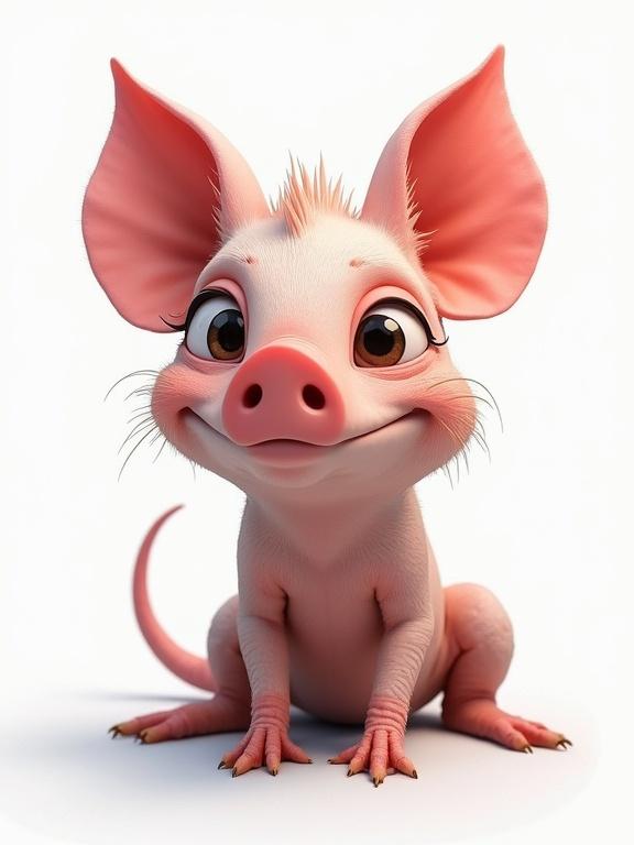 Animation of a joyful pig with big ears and a smiling face on a clean white background.