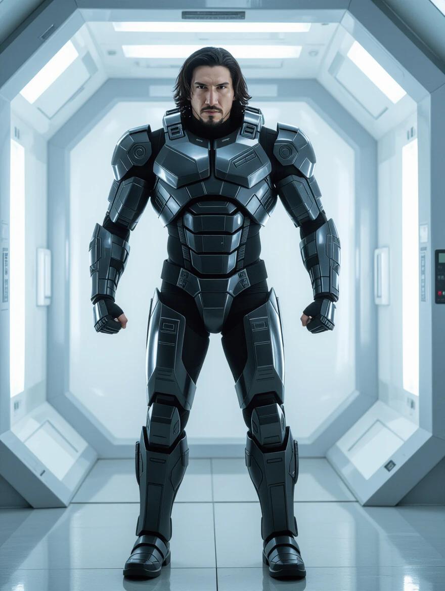A soldier trapped in a conversion chamber. The soldier has a massive muscular physique and is being transformed into an armored cyborg. The setting is futuristic with bright lighting and a technological design.