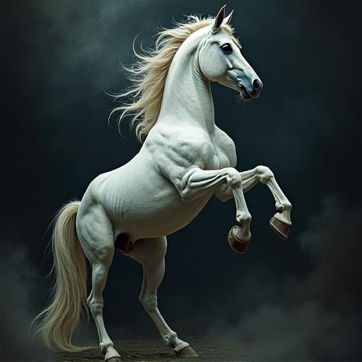 Majestic dun horse rears up against a dark swirling background.