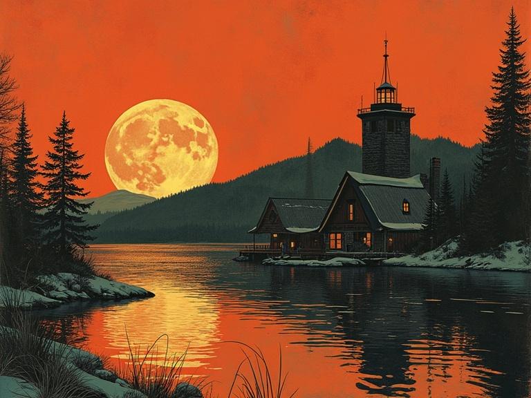 A vintage scene featuring a cabin by a lake under a full moon with an orange sky indicating sunset. Trees line the shore. The atmosphere has a nostalgic timelessness with a hint of dieselpunk influence.