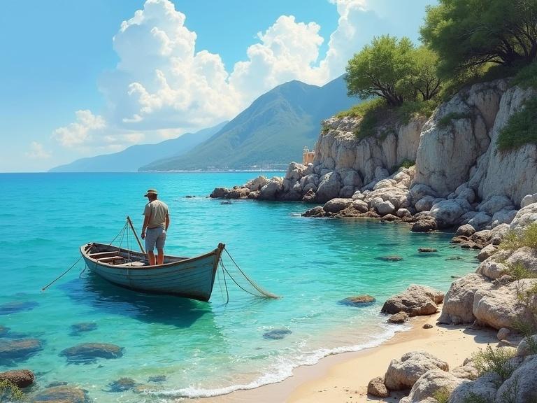 Highly realistic painting of a serene Croatian coastal landscape. Crystal clear turquoise water lapping against a rocky shore with sparse Mediterranean vegetation. A small traditional wooden boat rests near the shoreline. A solitary fisherman engaged in collecting fish with a large fishing net, shimmering with caught fish. Focusing on textures of rock, water, wood, and net. Smooth color transitions with naturalistic lighting creating a calm atmosphere.
