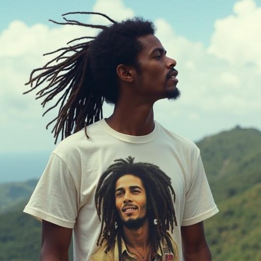 Photo depicts a man with long dreadlocks wearing an oversized shirt with Bob Marley. He gazes up at the sky on a Jamaican mountaintop surrounded by natural beauty.