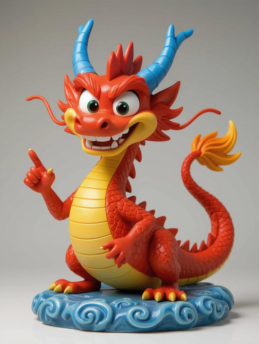Collectible resin figure of a slender red dragon. Features a mischievous expression and glossy finish. Dragon has blue horns and a yellow belly. Dynamic pose with one hand raised and pointing. Base mimics decorative oriental clouds. Smooth texture and detailed sculpting. Front lighting enhances colors.