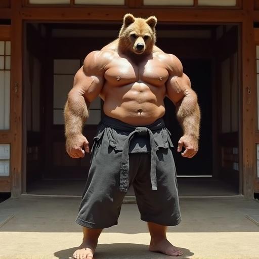 A muscular bodybuilder with a bear head stands in a traditional dojo. He is wearing a black belt with a judo gi. He is barechested showcasing large pecs and toned abs. His feet and ankles are muscular. He stands barefoot.