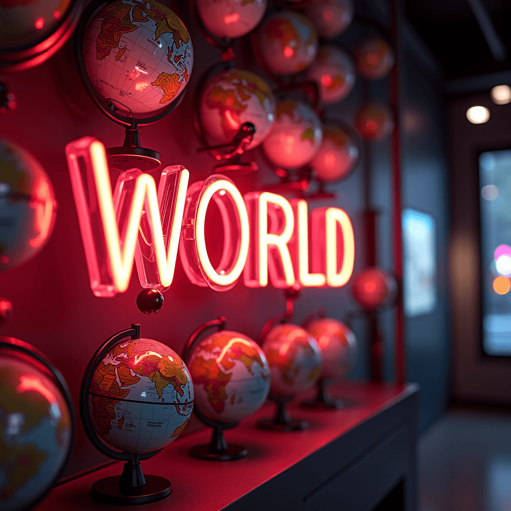 A glowing neon sign reads 'WORLD' surrounded by multiple small globes on a wall.