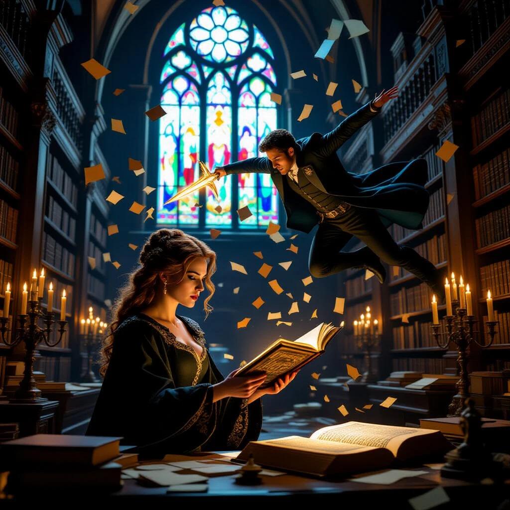 Dr. Lena Voss examines an illuminated codex in a grand gothic library. Ancient shelves surround her with warm candlelight. Gabriel Del Toro dives through a stained glass window wielding a glowing crossblade. Shards of colored glass freeze in mid-air with ancient scrolls tossed about.