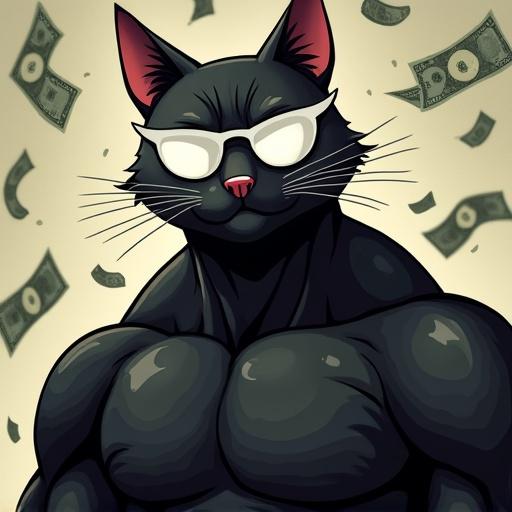 Cartoon depicting a muscular black cat with a serious expression wearing white shades. Dollar notes are floating around.