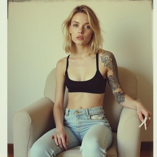 Grainy polaroid photo of a young woman with a slender physique. She sits in a light-colored armchair wearing a sports bra and high-waisted jeans. Her pale skin and shoulder-length blonde hair frame her face. Tattoos adorn both arms and her side. A cigarette rests on her lips. The background is a simple light wall, focusing on the subject's confidence and artistic expression.