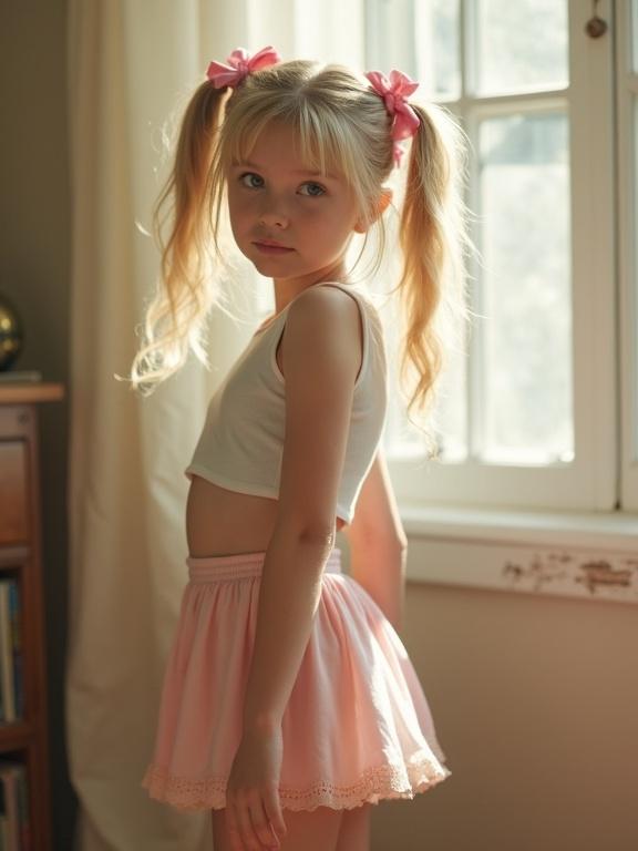 Lithe blonde girl in softly lit room with twin tails tied with pink ribbons. Wearing snug white crop top and pale pink skirt above mid-thigh. Smooth legs in lace-trimmed thigh-high socks. Simple black shoes. Natural blush on cheeks looking playful.