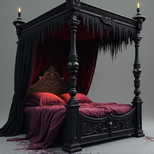 Four-poster bed with tattered black velvet canopy. Ebony posts carved with skull motifs. Frayed burgundy bedding. Lit by flickering candles casting eerie shadows. Style: digital art, dark gothic.