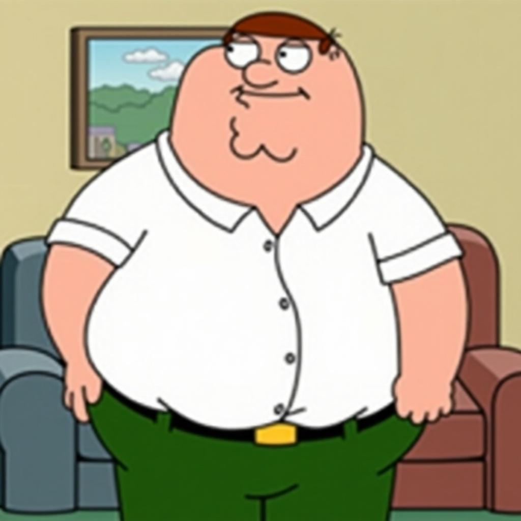 The image features a character from a well-known animated television series. He has a round face and a humorous expression, embodying comedy and satire. His outfit includes a classic white collared shirt and green pants, which are his signature attire. The background depicts a simple living room, enhancing the casual tone of the scene. This character is recognized for his comedic antics and relatable moments in the show.