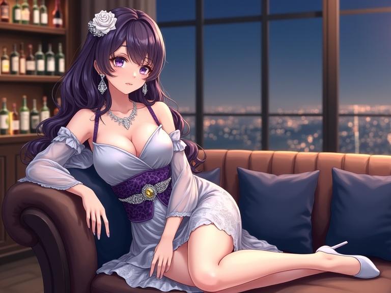 Elegant anime-style illustration features a woman with wavy dark purple hair. Soft purple eyes and silver hairpin enhance her grace. She wears off-the-shoulder light grey dress with white floral pattern and translucent sleeves. A wide patterned purple sash cinches her waist. Accessorized with silver necklace and drop earrings. A white rose is pinned on her shoulder. She reclines on brown sofa with dark blue cushions, legs crossed, wearing grey high heels. Background showcases shelves of bottles and a blurred city skyline at night.