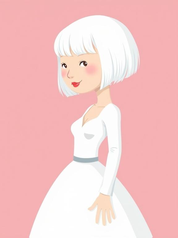 Illustration of a character with white short hair in a bobcut. Character wearing a white dress against a pink background. Simple and playful style.