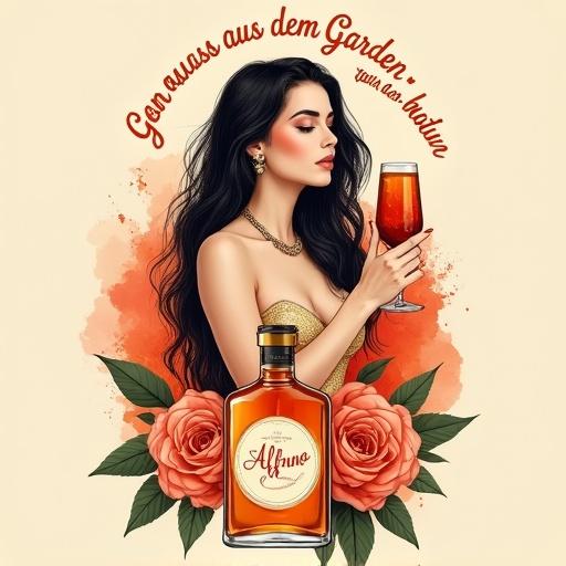 Stylized illustration of a woman with long dark hair and fair skin holding a glass of amber liquid. She wears jewelry and exudes elegance. The background is beige with watercolor splashes in orange and red. Below, an apothecary-style bottle labeled 'ALFRUNO' and flanked by two glasses. Text above reads 'Genuss aus dem Garten der Natur' in a matching orange color.