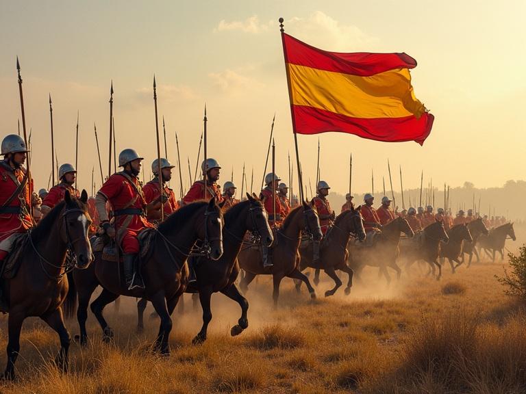 Spanish army cavalry charging in battle setting with flags in horizontal red-yellow-red lines, 16th century atmosphere