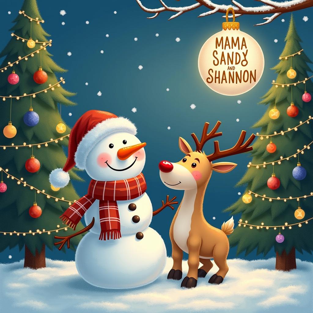 A snowy winter scene featuring a cheerful snowman with a scarf and carrot nose beside a reindeer with a red nose. Several Christmas trees are behind them with twinkling lights and colorful ornaments. One tree has a shiny bauble inscribed with "MAMA SANDY & Shannon." Snowflakes gently fall around them in a twilight blue sky with twinkling stars.