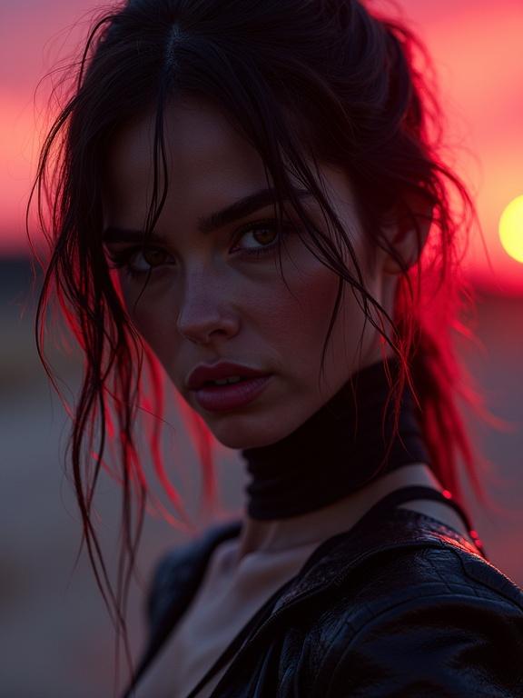 Close-up portrait of a cyberpunk woman. Cinematic look with vibrant sunset backdrop. Dark moody lighting emphasizes features. Sharp focus on the expressive face.
