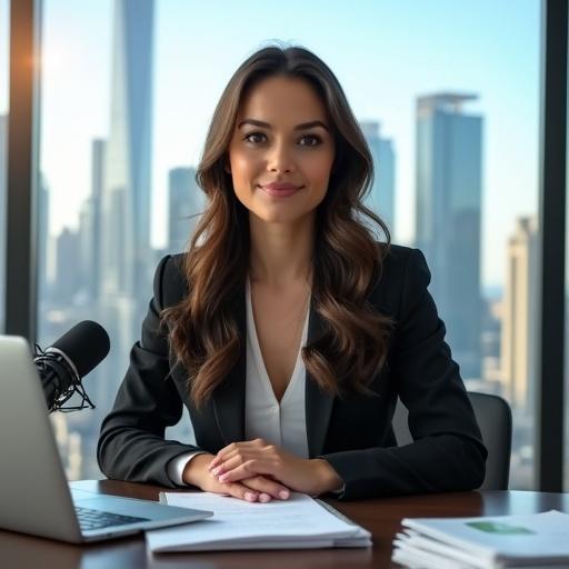 Image of an entrepreneurial woman in a stylish business setting. She faces the viewer with charisma. Professional attire conveys a sharp image. Office has large windows with a building skyline view. Ample natural light brightens the space. Desk features a microphone, laptop, and organized documents. Subtle animated elements add energy to the scene.