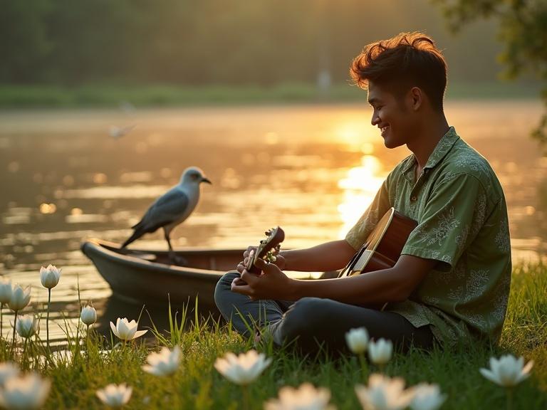 A close-up detail shot of an Indonesian man in an olive green batik shirt. The man is sitting on a grassy riverbank at sunset. He smiles while picking white tulips. An acoustic guitar is next to him. The pond has floating white lotus flowers. A bird is resting on a wooden boat. The light is warm and dreamlike. Dragonflies and flower petals drift in the breeze.