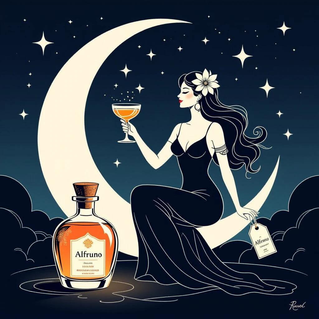 Minimalist line art drawing of a modern Venus goddess. Flower in hair. Sitting on crescent moon. Offering toast with cocktail glass. Apothecary bottle of 'ALFRUNO' nearby. Soft golden-red glow from bottle. Cork lid on top. Elegant hang tag displays 'ALFRUNO'. Bold black outlines. Deep twilight sky. Inspired by traditional zen art and Aubrey Beardsley. Focus on simplicity and elegance with dark mystery.