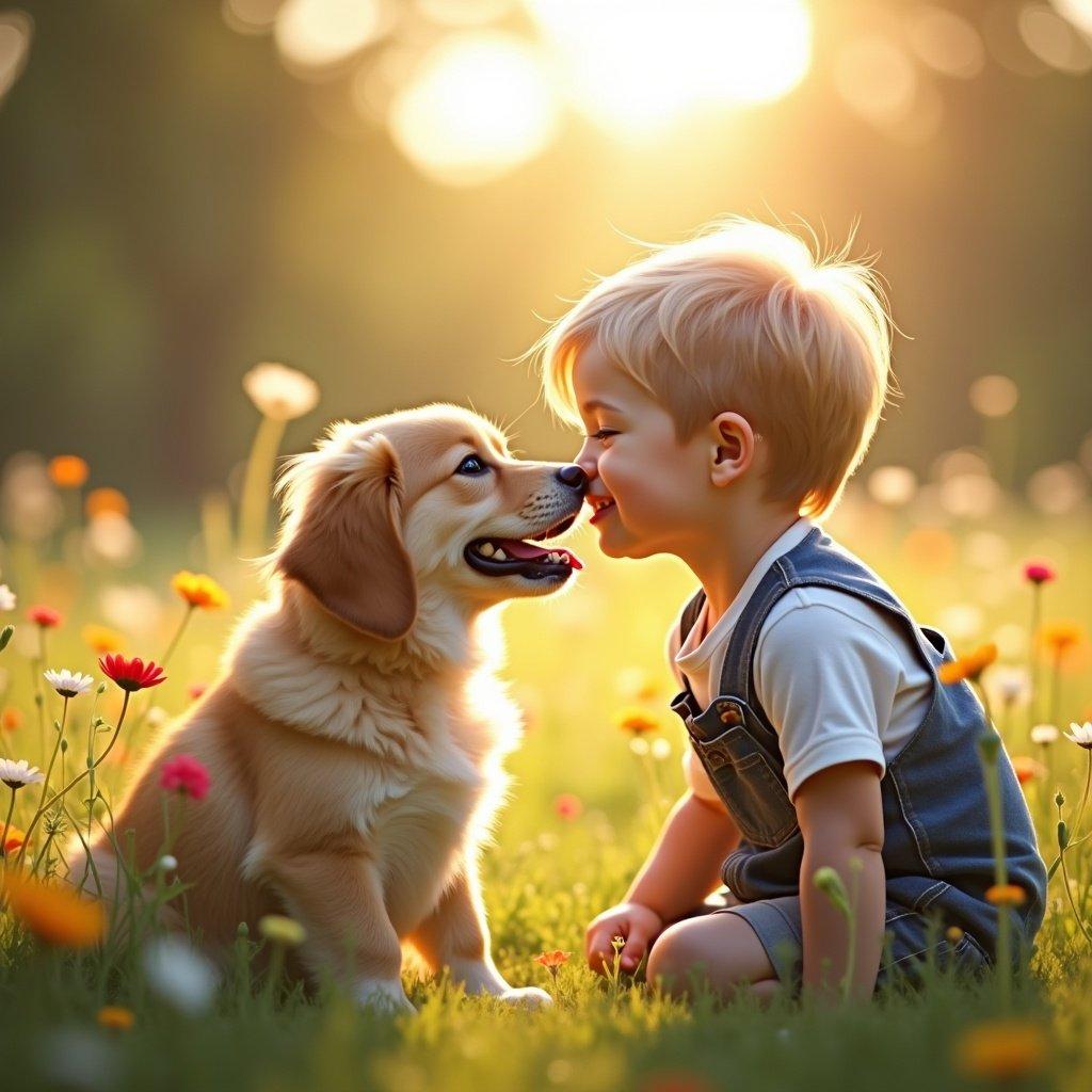 Little boy interacts with a dog. The boy appears affectionate. They share a moment. Sunlight creates a warm atmosphere. Nature provides the backdrop. Flowers add a playful touch. The scene depicts childhood joy.