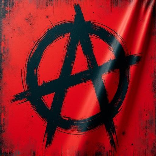 Red background with a prominent black anarchy symbol drawn in a rough style. The design is bold and eye-catching, emphasizing the theme of rebellion and political activism.